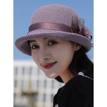 夏季卷邊遮陽帽子女2025新款歐根紗花朵禮帽短檐盆帽漁夫帽草帽女