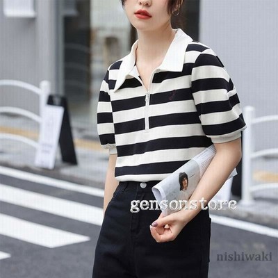 夏 ゆったり Tシャツ カットソー 襟付き バルーンスリーブ ボーダース 半袖 ポロシャツ レディース 無地 春夏 S M L 大きいサイズ ボーダートップス 半袖 ポロシャツ レディース 夏 ゆったり T