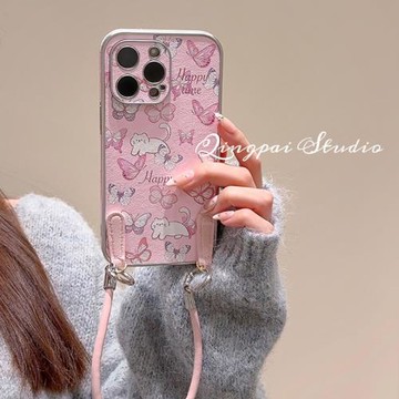 后勤高端&少女粉色蝴蝶結貓咪新款個性適用于iphone16 pro max手機殼蘋果15/14/13/12硅膠防摔全包創意軟簡約