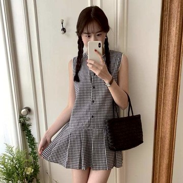 白鳥麗子 [現貨快出] 連身裙 經典素色/格紋排釦拼接百褶圓領無袖洋裝