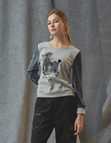 ★【喜芝梅】自信貴賓犬圖案拼色上衣(兩色；M-3L) 222570820