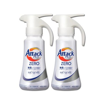 (2瓶超值組)日本KAO花王-Attack ZERO單手按壓瓶噴槍型極淨超濃縮洗衣精400g/白瓶-直立式專用(Bio IOS衣物消臭洗劑,筒槽防霉)