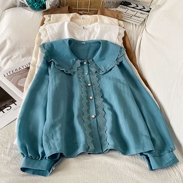 蕾絲邊拼接藍色襯衫女新款秋冬季小眾設計感娃娃領氣質上衣