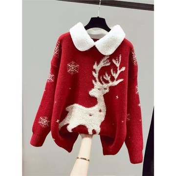 品牌折扣女裝剪標專柜撤柜外貿春秋圣誕紅色毛衣女娃娃翻領針織衫