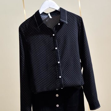 波點黑襯衫女2025年秋季新款復古圓點POLO領釘珠輕熟氣質長袖襯衣