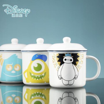 迪士尼陶瓷杯子可愛卡通水杯帶蓋兒童早餐牛奶杯家用辦公室馬克杯