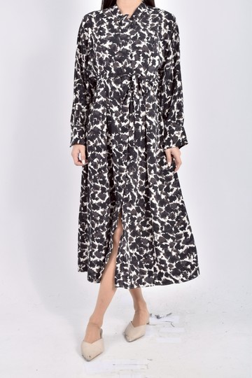 (S) h m質感長袖花紋灰色綁帶洋裝