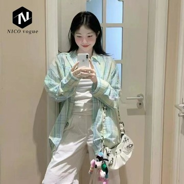 【Nico】寬鬆韓系慵懶防曬格子長袖襯衫設計薄款夏季上衣休閒薄荷外套襯衣