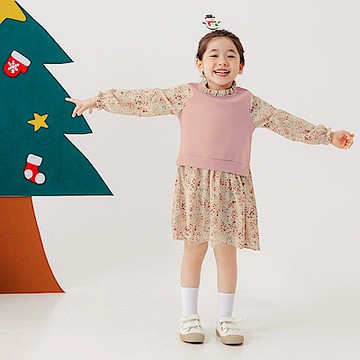 假兩件小碎花拼接荷葉立領後釦洋裝-OB嚴選