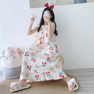 夏季純棉雙層紗加長無袖睡裙加大碼吊帶連衣裙超長孕婦胖MM家居服