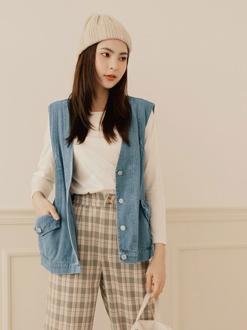 高含棉V領造型口袋外搭牛仔背心