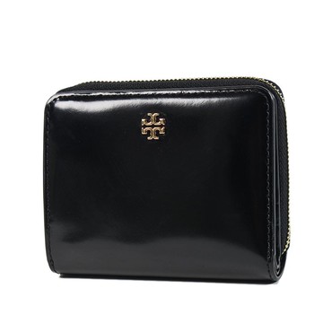 TORY BURCH 金字LOGO亮面釦式對開短夾-黑色
