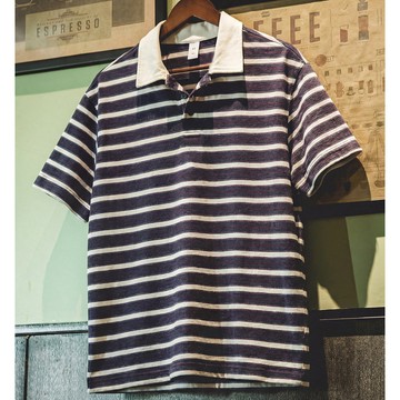 Wuluwear 男士250g重磅條紋POLO衫夏季美式復古撞色翻領寬鬆通勤百搭短袖潮