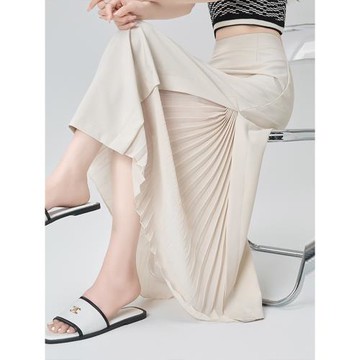 不規則拼接西裝百褶半身裙女夏季設計感高腰垂感顯瘦a字大擺傘裙