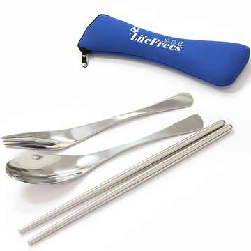 戶外便攜環保304不銹鋼餐具三件套筷子勺子叉子送收納布套