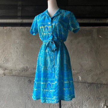 --兩光師選物--圖騰水藍色腰伸縮洋裝