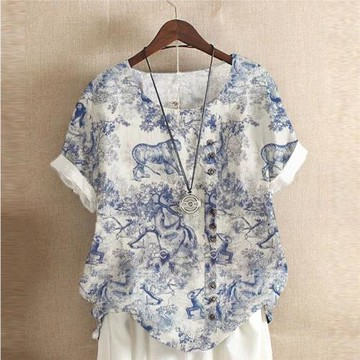 歐美風格街頭時尚亞馬遜wish速賣通爆款女裝印花復古棉麻短袖T恤