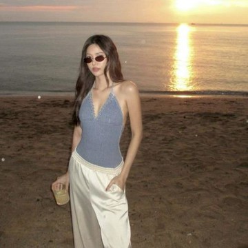 泰國復古牛仔藍辣妹性感連體泳衣女感露背絕美海島度假風泳裝