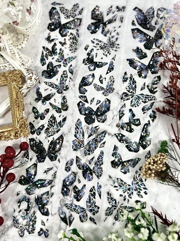 蝶影碎夢黑 PET 紙膠帶 白墨貝殼光 10米卷