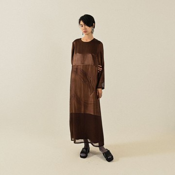 【NaSuBi Vintage】緞面印花長版古著洋裝