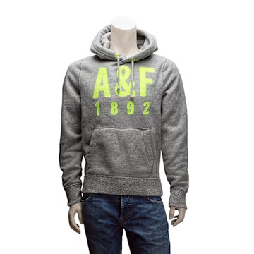 Abercrombie & Fitch 螢光黃A&F內刷毛長袖連帽TEE(男-灰-M)