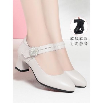 真皮一字扣帶中年媽媽鞋跳舞配旗袍女鞋中老年粗跟中跟皮鞋單鞋