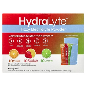 Hydralyte, 氣泡電解質粉，多種口味，橙味、草莓檸檬水味、酸橙汽水味，30 個獨立包裝