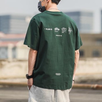 重磅純棉趣味字母印花短袖T恤男士韓版潮流圓領情侶五分袖打底衫