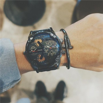 手錶吃雞同款快手紅人歐美潮流雙機芯大錶盤日歷學生復古皮帶男錶 名創家居館