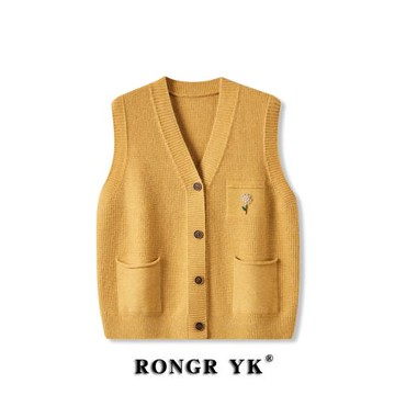 春秋新款V領帶口袋針織馬甲女開衫寬松大碼外穿毛衣背心坎肩疊穿