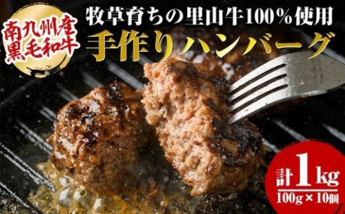 a5-154 牧草育ちの里山牛肉100%使用！手作りハンバーグ 計1kg(100g×10個)