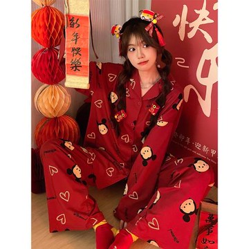 大紅色睡衣女2024新款春秋季天純棉長袖龍年本命年喜慶可愛家居服