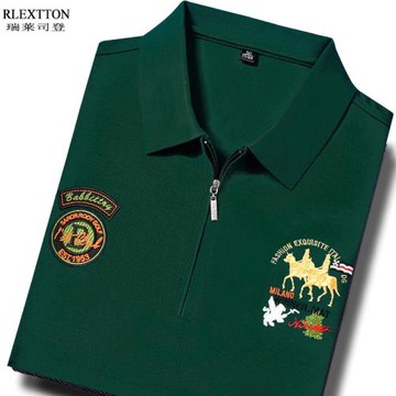 高端男裝絲光棉短袖拉鏈T恤夏季高檔刺繡POLO衫男裝上衣服綠色潮