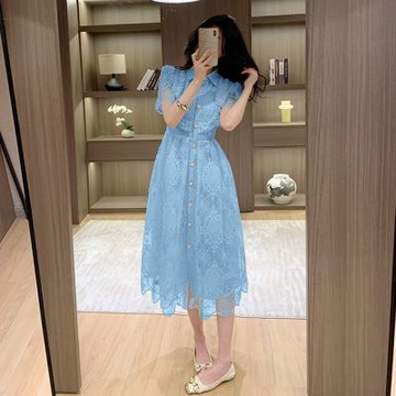 [米蘭精品] 現貨+預購 女長洋裝長裙高級短洋裝法式連身裙蕾絲連衣裙-短袖翻領排扣女裙子3色74lu28