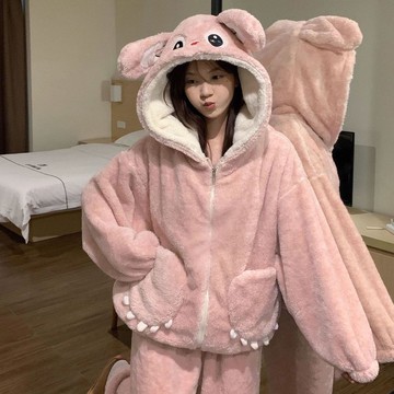 愛依依 兩件套 保暖家居服 加絨連帽睡衣 M-XL冬季新款可愛兔子加絨加厚珊瑚絨睡衣-11382.