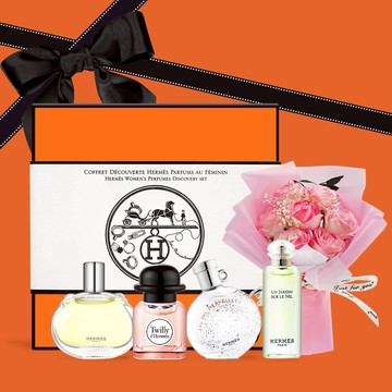 快速出貨｜代印卡片【HERMES 愛馬仕】 四入小香禮盒花束祝福組/四入花園香水永恆玫瑰禮盒組-多款可選