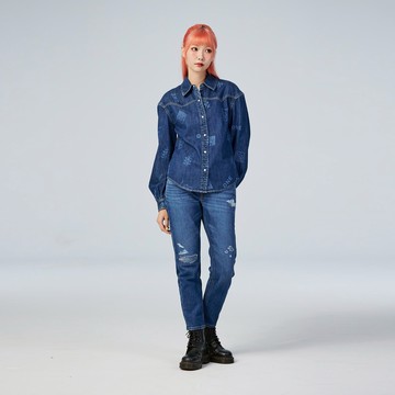 Lee 女款 寬鬆版 滿版印花 長袖牛仔襯衫 8.7oz | 101+