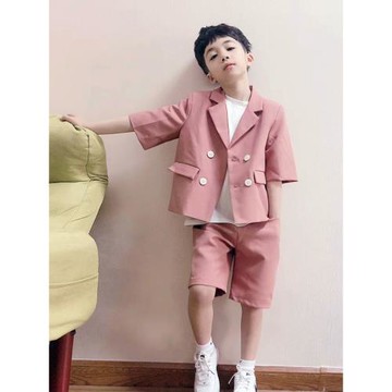 男童小西裝套裝夏季短袖休閑寶寶粉色主持人禮服花童畢業兒童西服