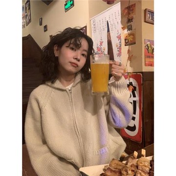 ifbeer米色50羊毛毛衣翻領寬松拉鏈針織衫開衫外套復古女ins冬韓