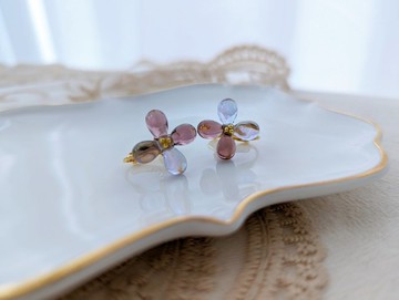 玻璃大朵花卉耳飾 耳夾 繡球花 花飾 紫色