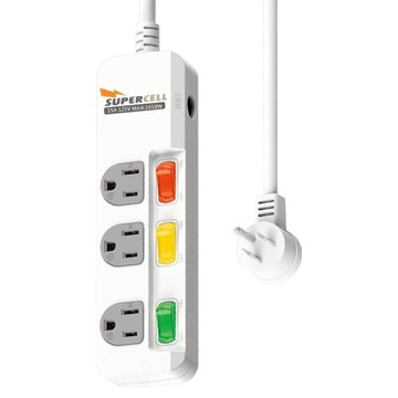 SUPERCELL 超電王 3切3座安全延長線組 台灣製造 45度角出線 平貼型插頭  1.8m  白色  1條