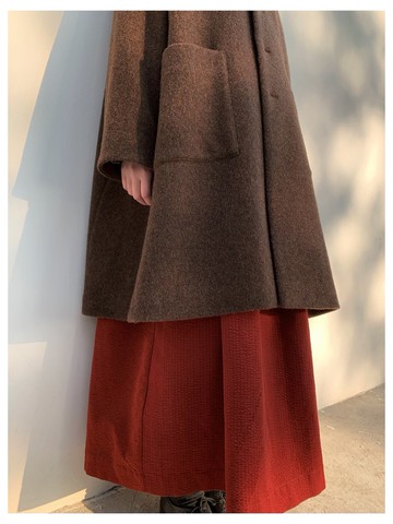 秋冬栗子棕羊毛傘形大擺小方領百搭毛大衣