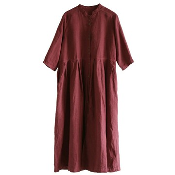 現貨+預購 連身裙七分袖洋裝-小立領亞麻皺褶襯衫裙女裙子74kc67【獨家進口】【米蘭精品】