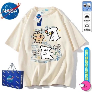 NASA聯名純棉短袖t恤女夏季可愛線條小狗印花百搭休閑風新款上衣
