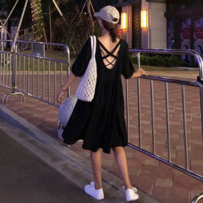 ワンピース 背中デザイン バックコンシャス 背中あき Vネック 無地 黒 ブラック 春夏 膝丈 ミモレ 半袖 Mme36 通販 Lineポイント最大1 0 Get Lineショッピング