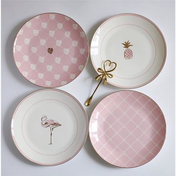 【夢田良品】北歐風粉色少女心陶瓷金邊火烈鳥菠蘿餐盤/甜品盤