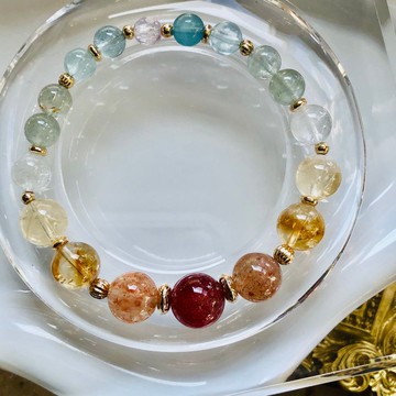 ITS-B648【設計款・草莓晶・綠水晶・海藍寶】天然石水晶手鍊手環