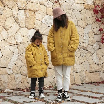 親子水洗純亞麻加棉外套F2027 女童寬松甜美小翻領棉襖冬裝母子裝