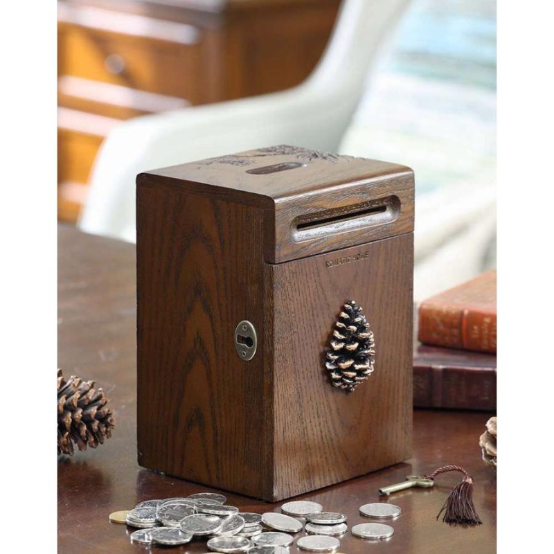 貯金箱 木の実のモチーフ 鍵付き 木製 レトロ ナチュラル雑貨 `貯金箱