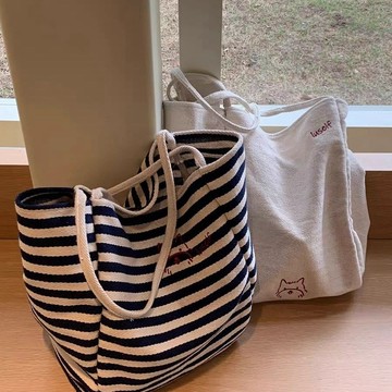 Bag House👜 條紋帆布包“快樂小狗”小衆刺繡大容量慵懶風託特包休閒購物布袋
